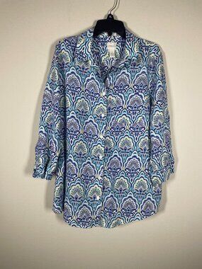 Chico's Women's Blue Purple Paisley Print Linen Blouse 1 (M) 3/4 Sleeve!
